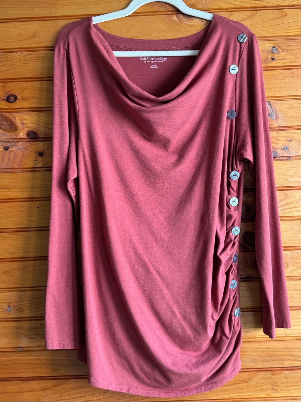 Soft Surroundings Bermondsey Top XL Draped Cowl Neck Ruched Button Side